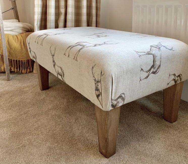Large Footstool - Stag Print Fabric - Straight or Turned Mahogany, Waxed or Natural Legs