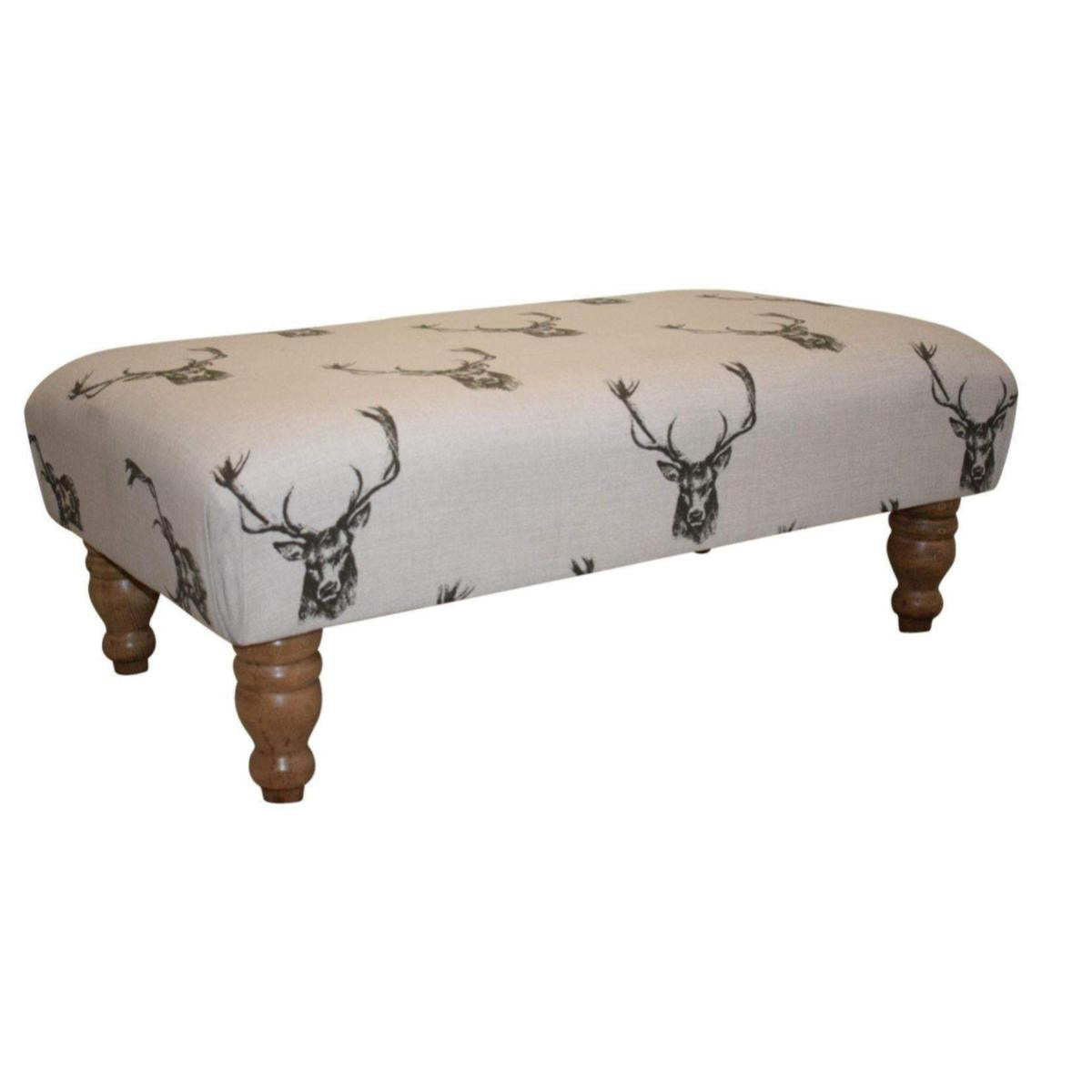Large Footstool - Stag Head Fabric - Turned Waxed Legs