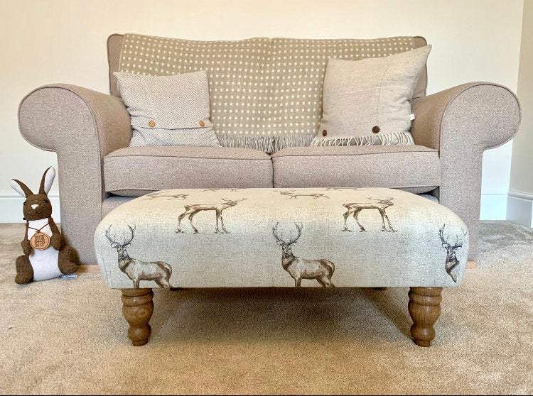 Large Footstool - Stag Print Fabric - Turned Waxed Legs