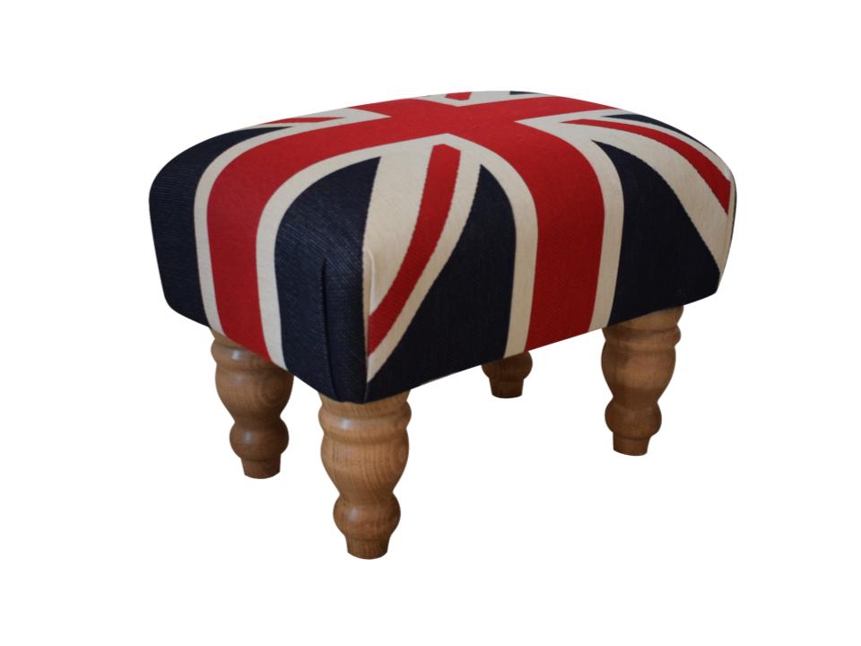Small Footstool - Union Jack Fabric - Waxed or Mahogany Turned Legs