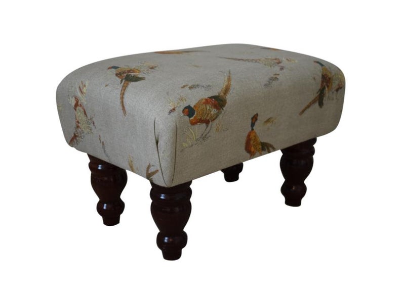 Small Footstool - Pheasant Fabric - Turned Waxed or Mahogany Legs