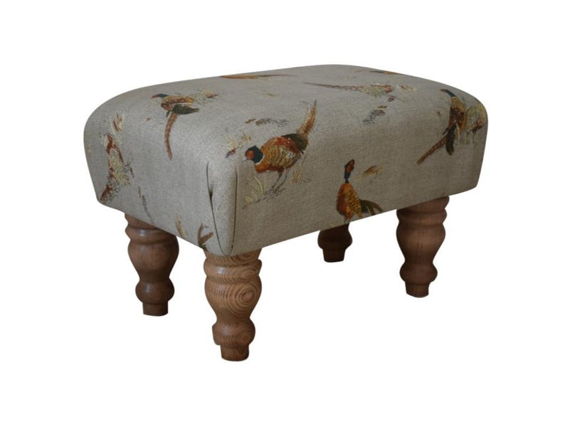 Small Footstool - Pheasant Fabric - Turned Mahogany or Waxed Legs