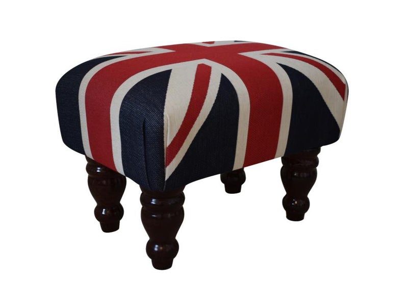 Small Footstool - Union Jack Fabric - Waxed or Mahogany Turned Legs