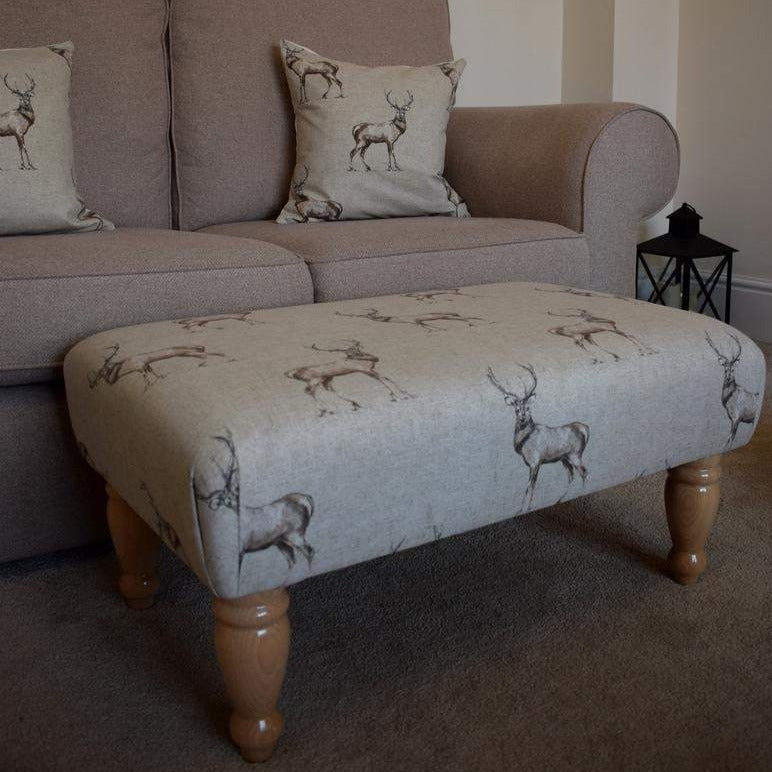 Large Footstool - Stag Print Fabric - Straight or Turned Mahogany, Waxed or Natural Legs