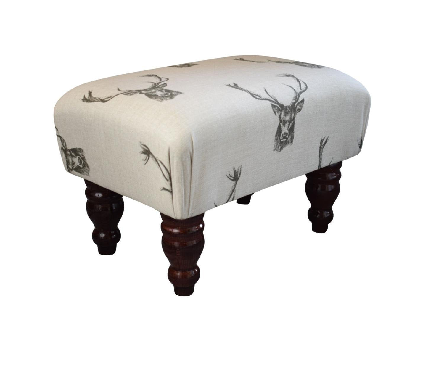 Small Footstool - Stag Head Fabric - Turned Mahogany or Waxed Legs