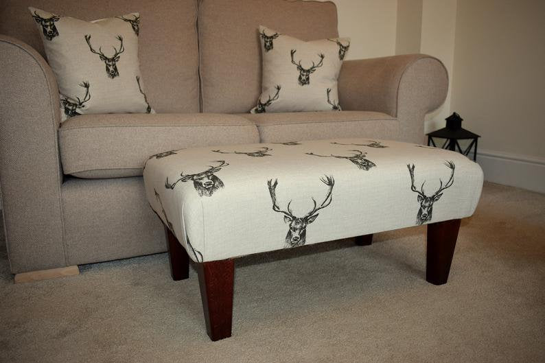 Large Footstool - Stag Head Fabric - Straight or Turned Mahogany, Waxed or Natural Legs