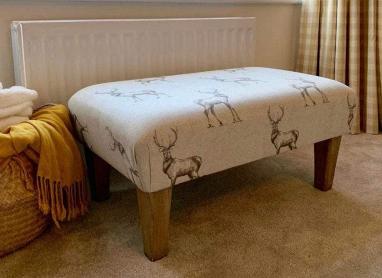 Large Footstool - Stag Print Fabric - Straight or Turned Mahogany, Waxed or Natural Legs