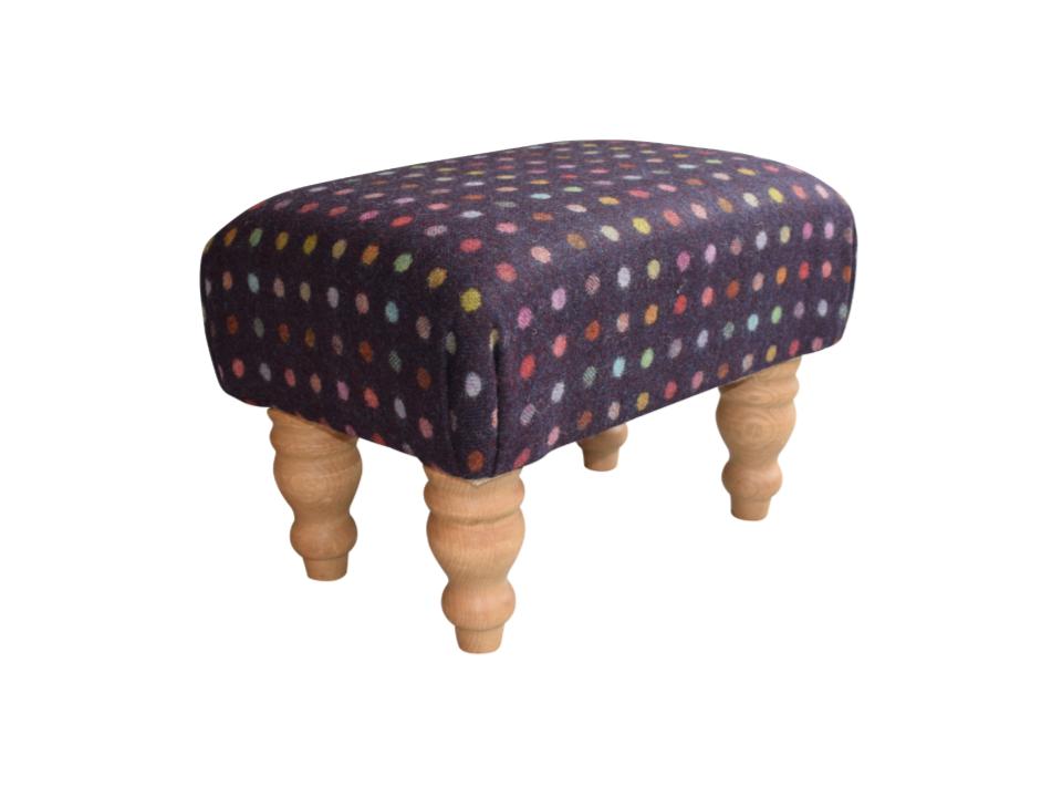 Small Footstool - Multispot Wine (Abraham Moon) Fabric - Turned Mahogany or Waxed Legs