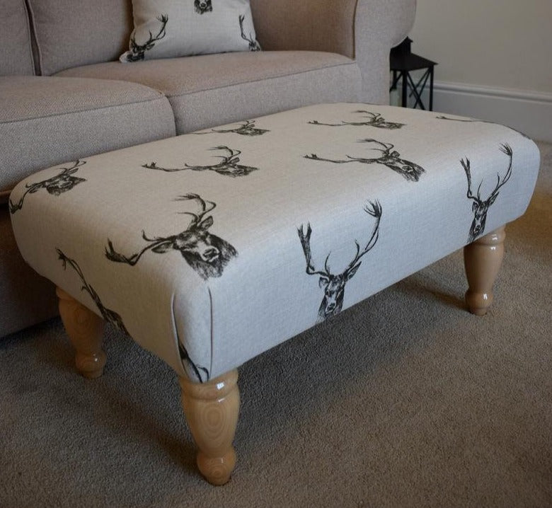 Large Footstool - Stag Head Fabric - Turned or Straight Natural, Waxed or Mahogany Legs