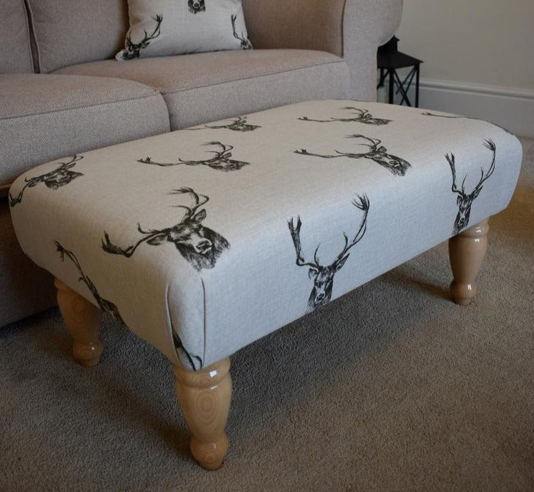 Large Footstool - Stag Head Fabric - Straight or Turned Waxed, Mahogany or Natural Legs