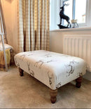 Large Footstool - Stag Print Fabric - Turned Waxed Legs