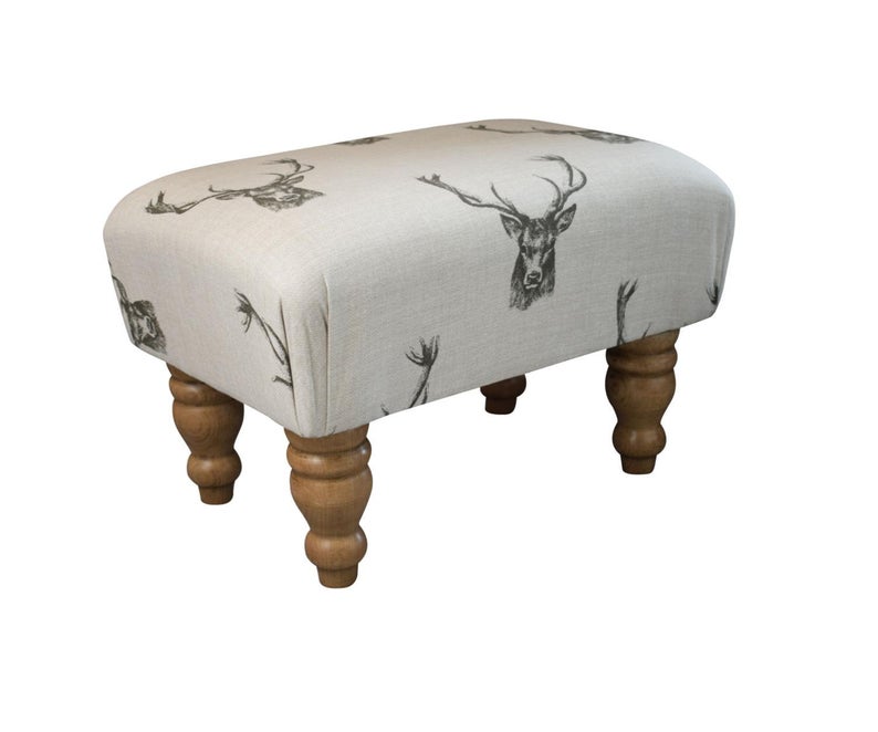 Small Footstool - Stag Head Fabric - Turned Mahogany or Waxed Legs