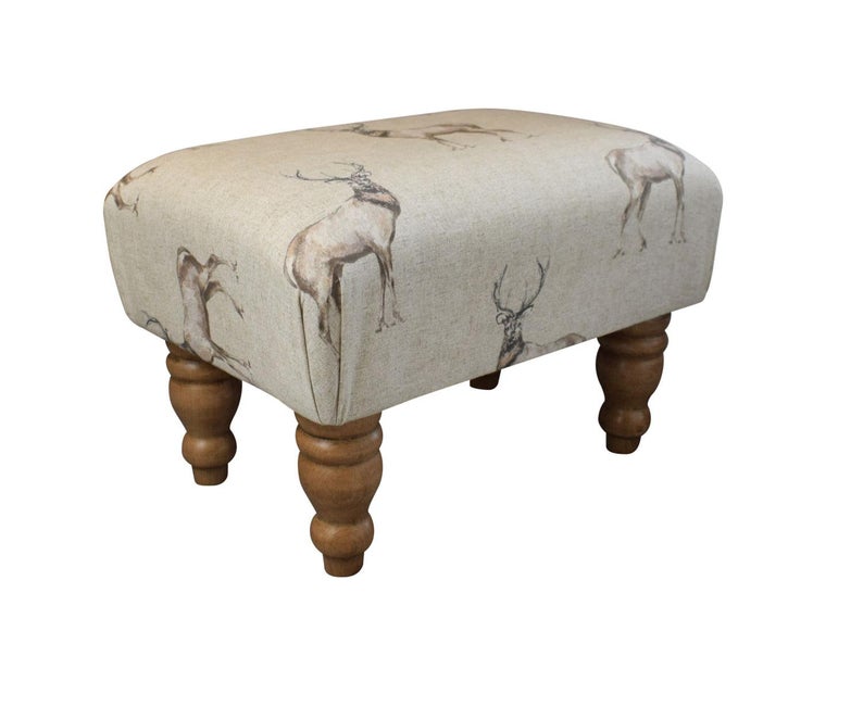 Small Footstool - Stag Print Fabric - Turned Mahogany or Waxed Legs