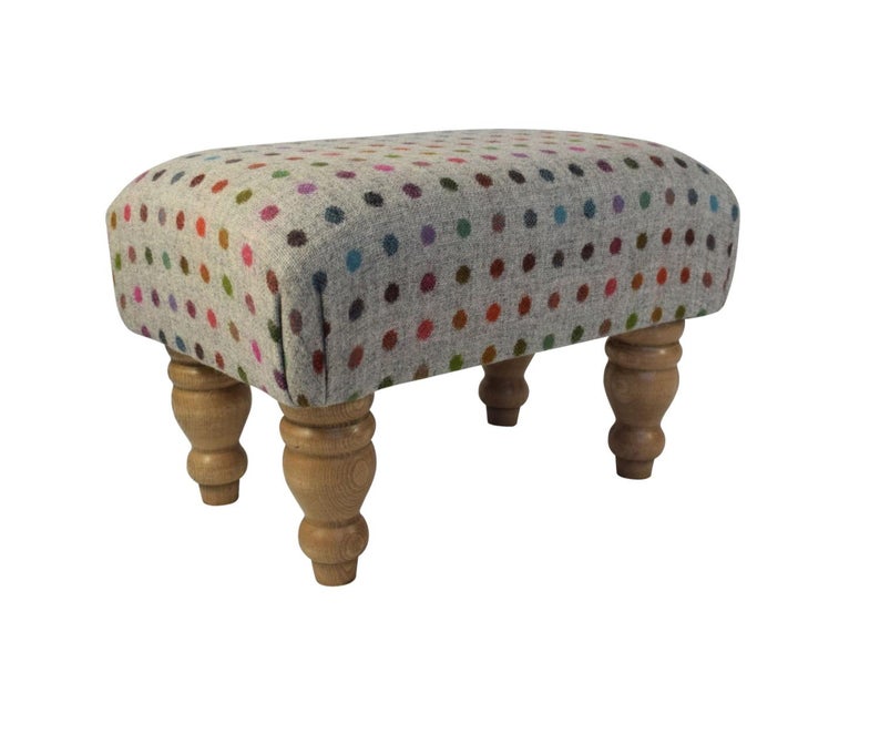 Small Footstool - Multispot Grey (Abraham Moon) Fabric - Turned Mahogany or Waxed Legs