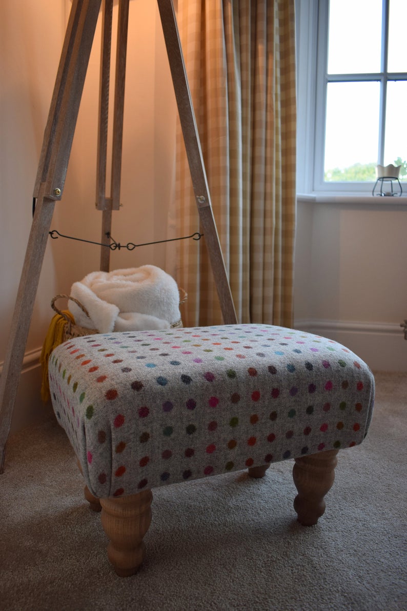 Small Footstool - Multispot Grey (Abraham Moon) Fabric - Turned Mahogany or Waxed Legs