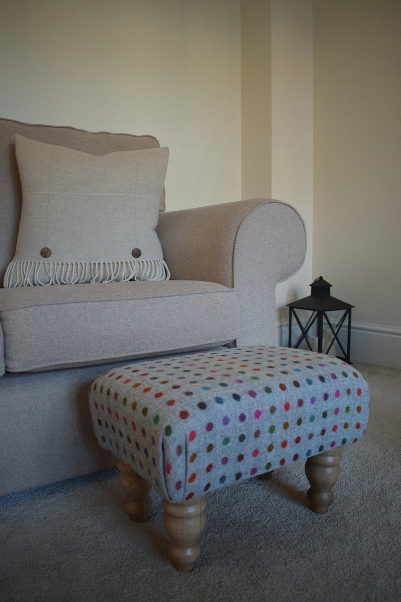 Small Footstool - Multispot Grey (Abraham Moon) Fabric - Turned Mahogany or Waxed Legs