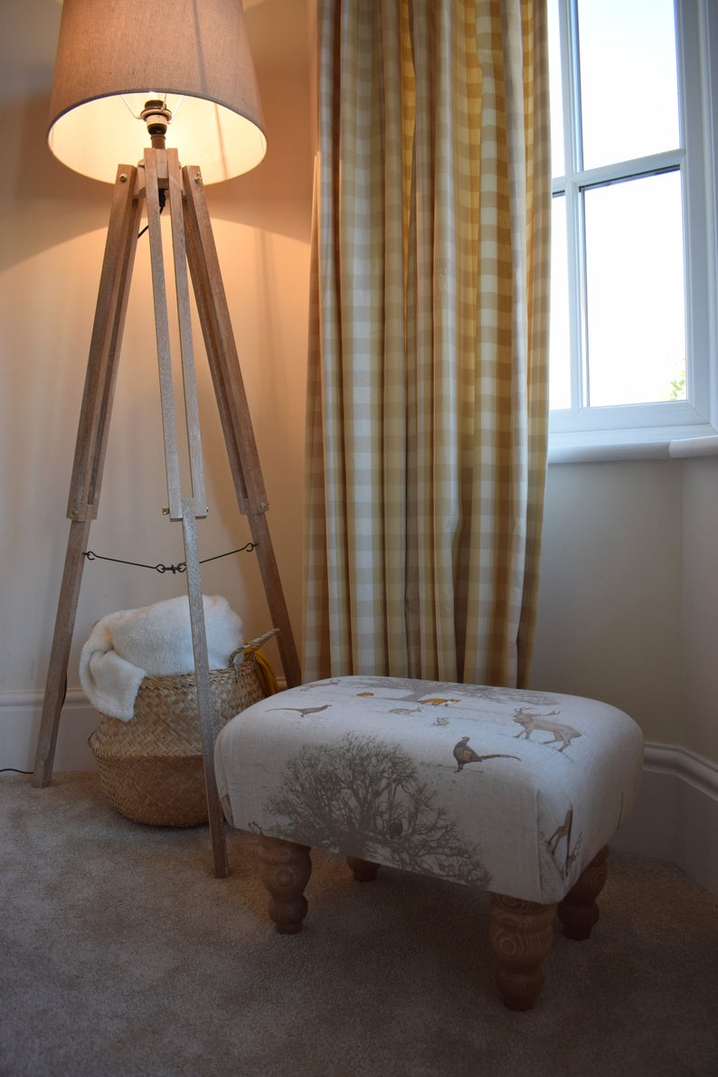 Small Footstool - Tatton Country Fabric - Turned Waxed or Mahogany Legs