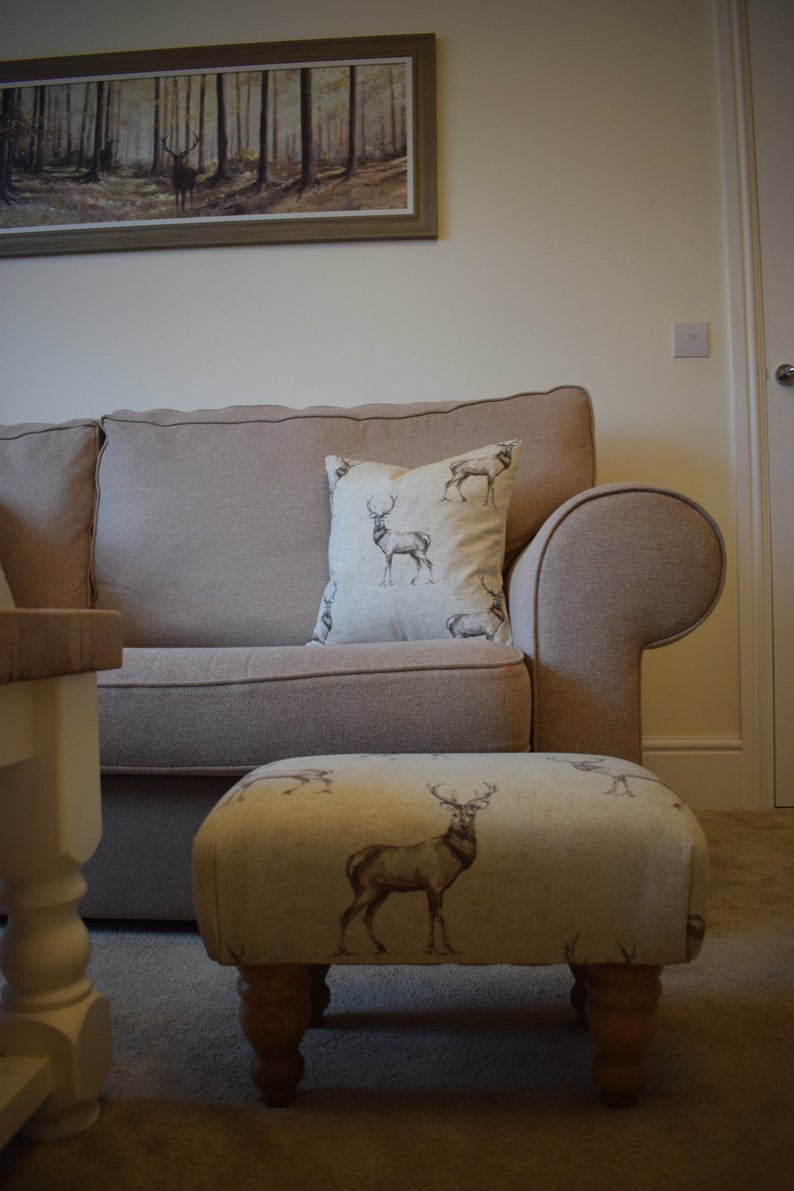 Small Footstool - Stag Print Fabric - Turned Mahogany or Waxed Legs