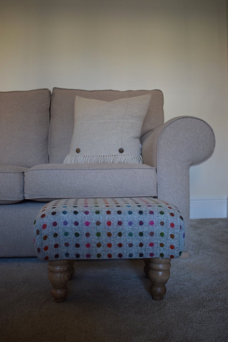 Small Footstool - Multispot Grey (Abraham Moon) Fabric - Turned Mahogany or Waxed Legs