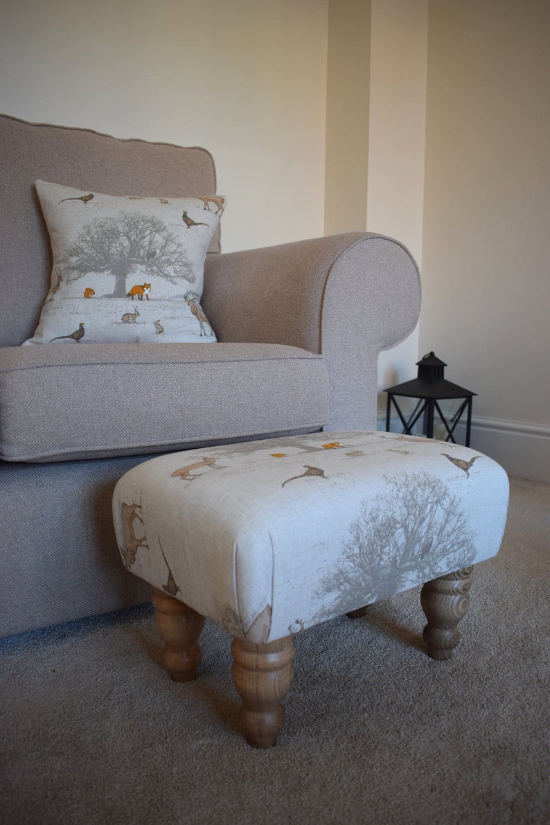 Small Footstool - Tatton Country Fabric - Turned Waxed or Mahogany Legs