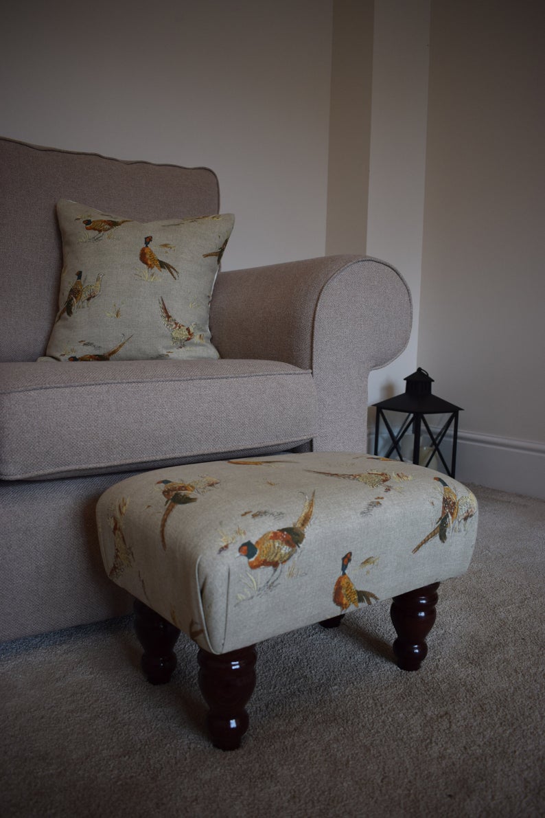 Small Footstool - Pheasant Fabric - Turned Waxed or Mahogany Legs