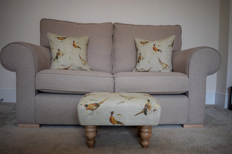 Small Footstool - Pheasant Fabric - Turned Mahogany or Waxed Legs