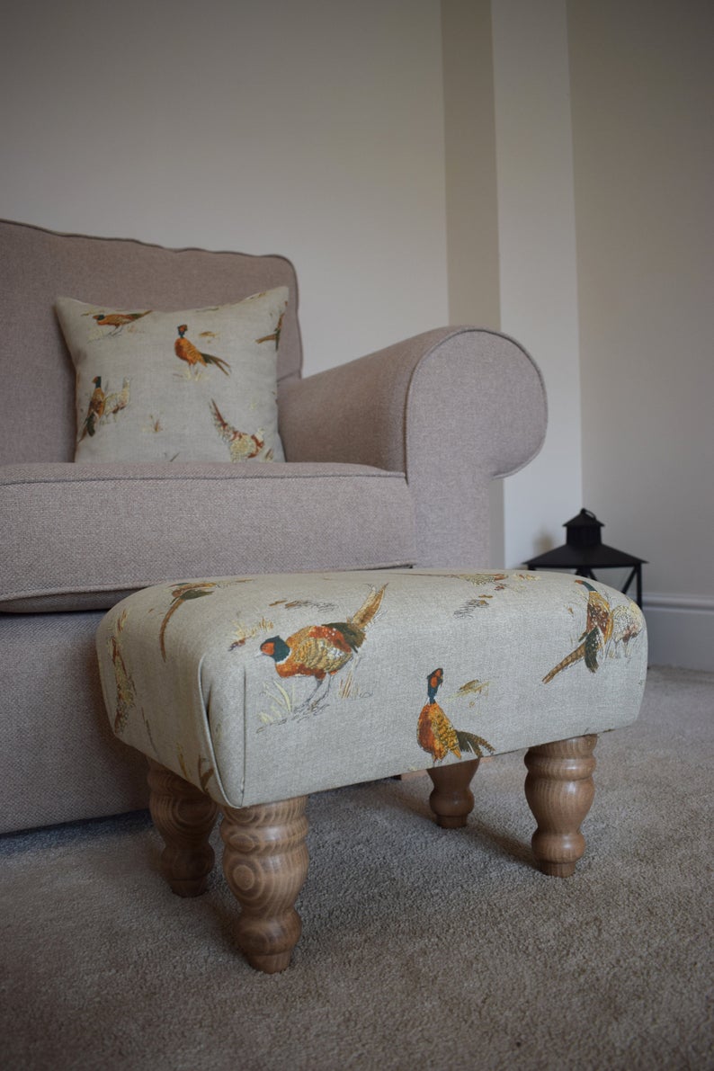 Small Footstool - Pheasant Fabric - Turned Waxed or Mahogany Legs