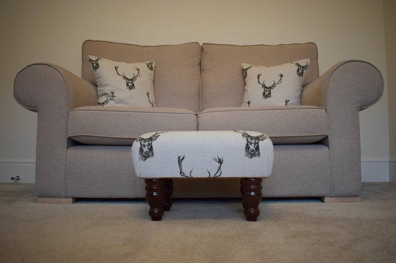 Stag Pattern Footstool Small Footstool - Stag Head Fabric - Turned Waxed or Mahognay Legs ...