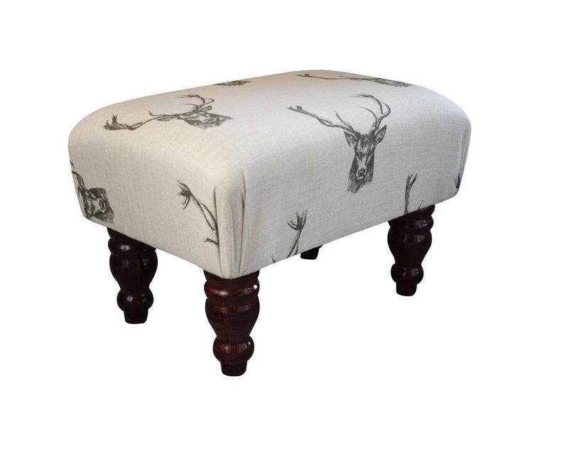 Small Footstool - Stag Head Fabric - Turned Waxed or Mahognay Legs