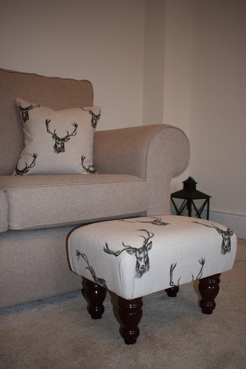 Small Footstool - Stag Head Fabric - Turned Mahogany or Waxed Legs