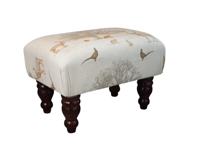 Small Footstool - Tatton Country Fabric - Turned Waxed or Mahogany Legs