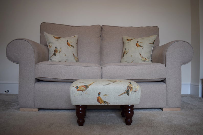 Small Footstool - Pheasant Fabric - Turned Mahogany or Waxed Legs