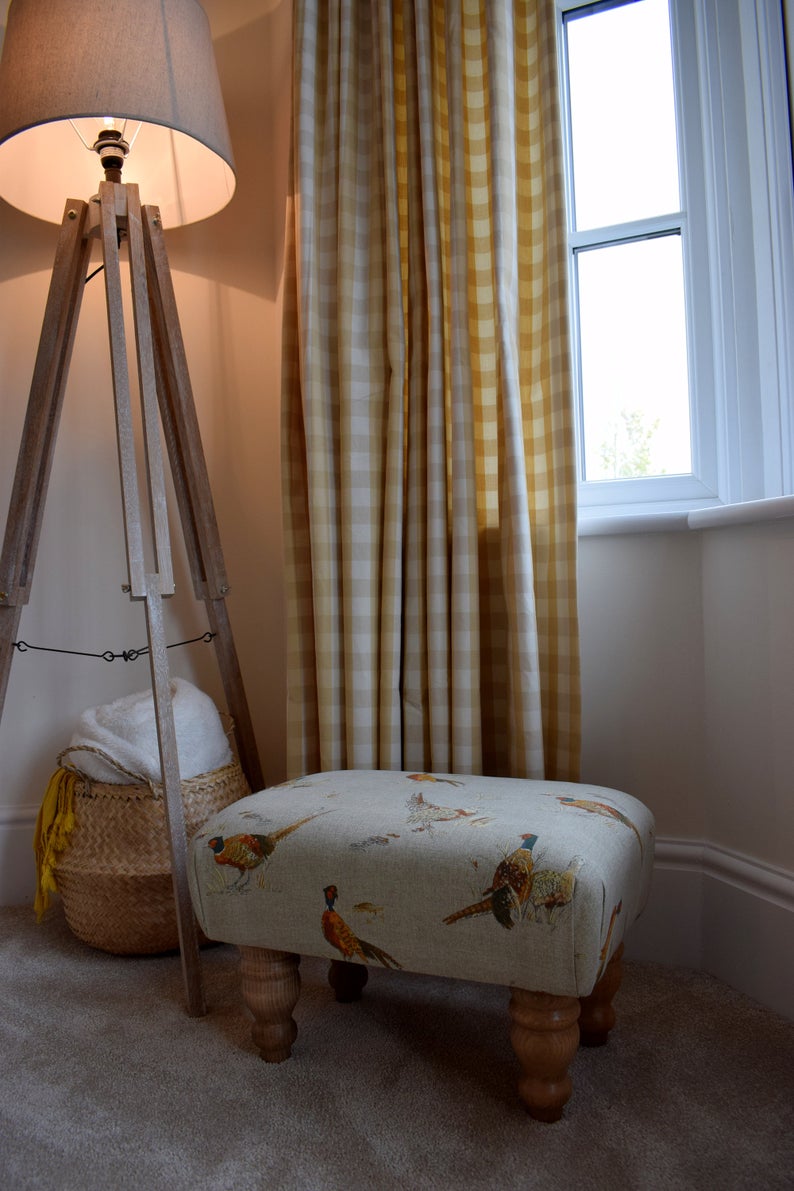 Small Footstool - Pheasant Fabric - Turned Mahogany or Waxed Legs