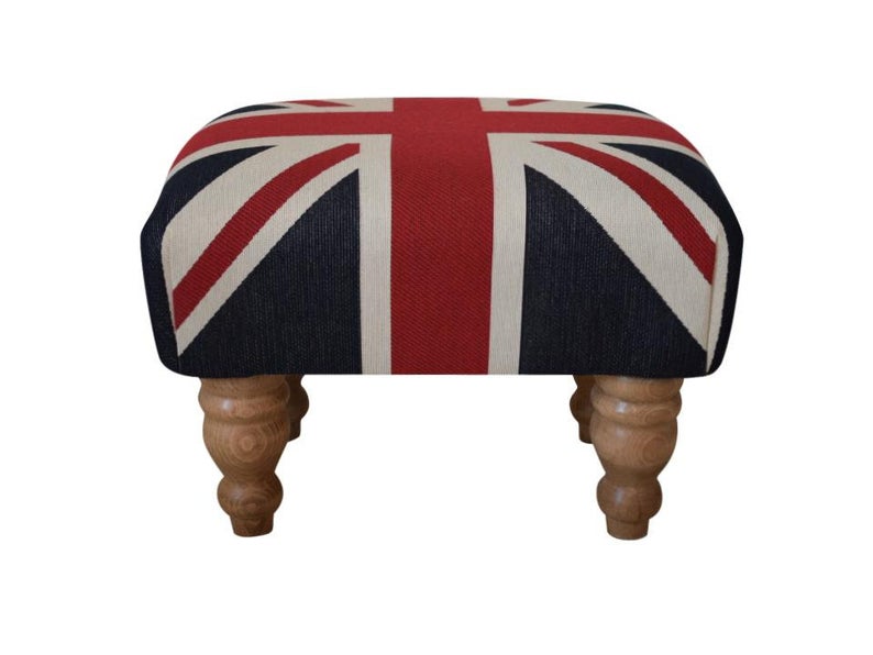 Small Footstool - Union Jack Fabric -  Mahogany or Waxed Turned Legs