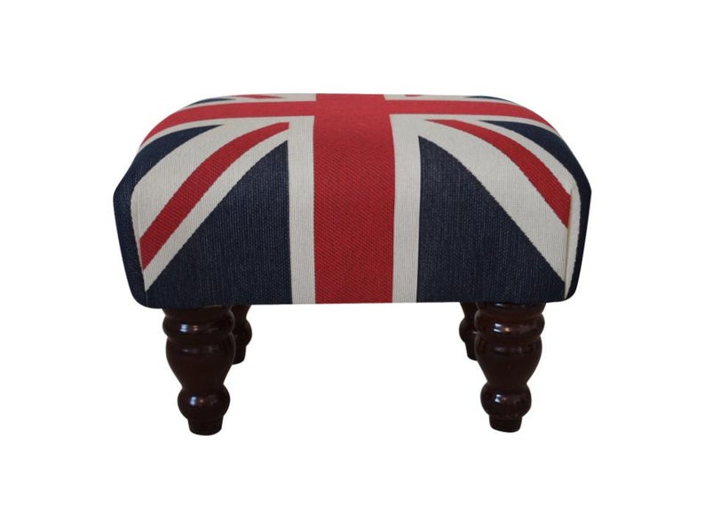 Small Footstool - Union Jack Fabric -  Mahogany or Waxed Turned Legs