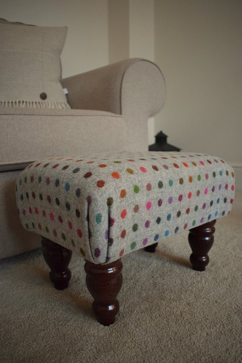 Small Footstool - Multispot Grey (Abraham Moon) Fabric - Turned Mahogany or Waxed Legs