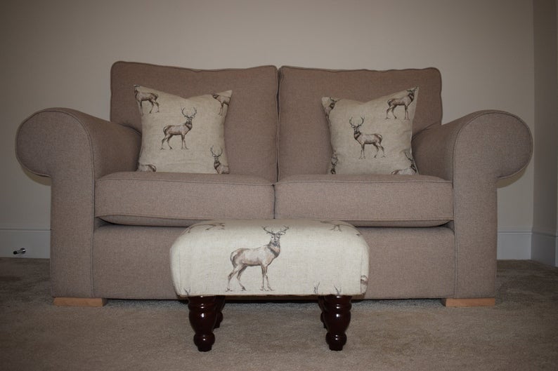 Small Footstool - Stag Print Fabric - Turned Mahogany or Waxed Legs
