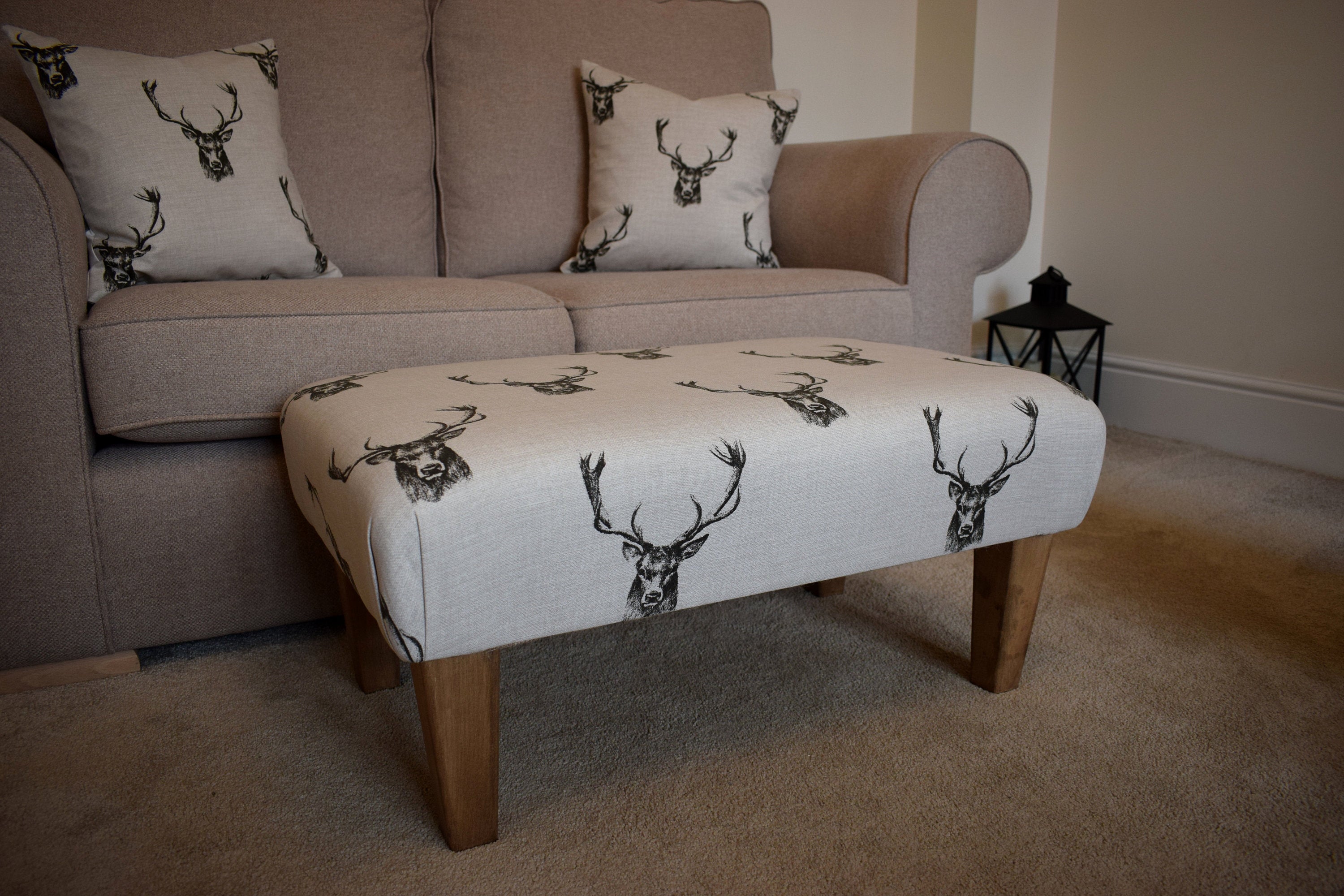 Large Footstool - Stag Head Fabric - Turned or Straight Natural, Waxed or Mahogany Legs