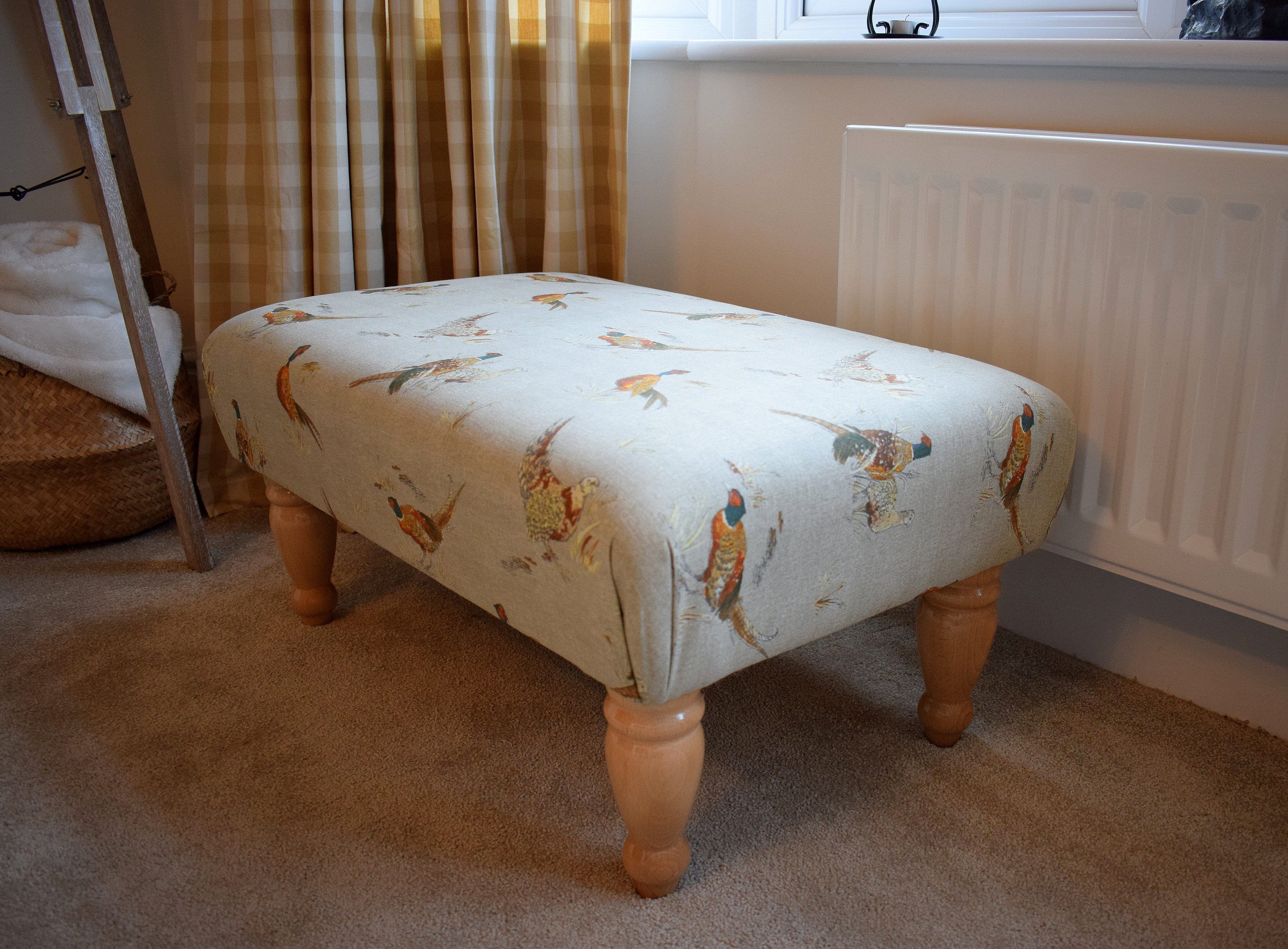 Large Footstool - Pheasant Fabric - Straight or Turned Mahogany, Waxed or Natural Legs