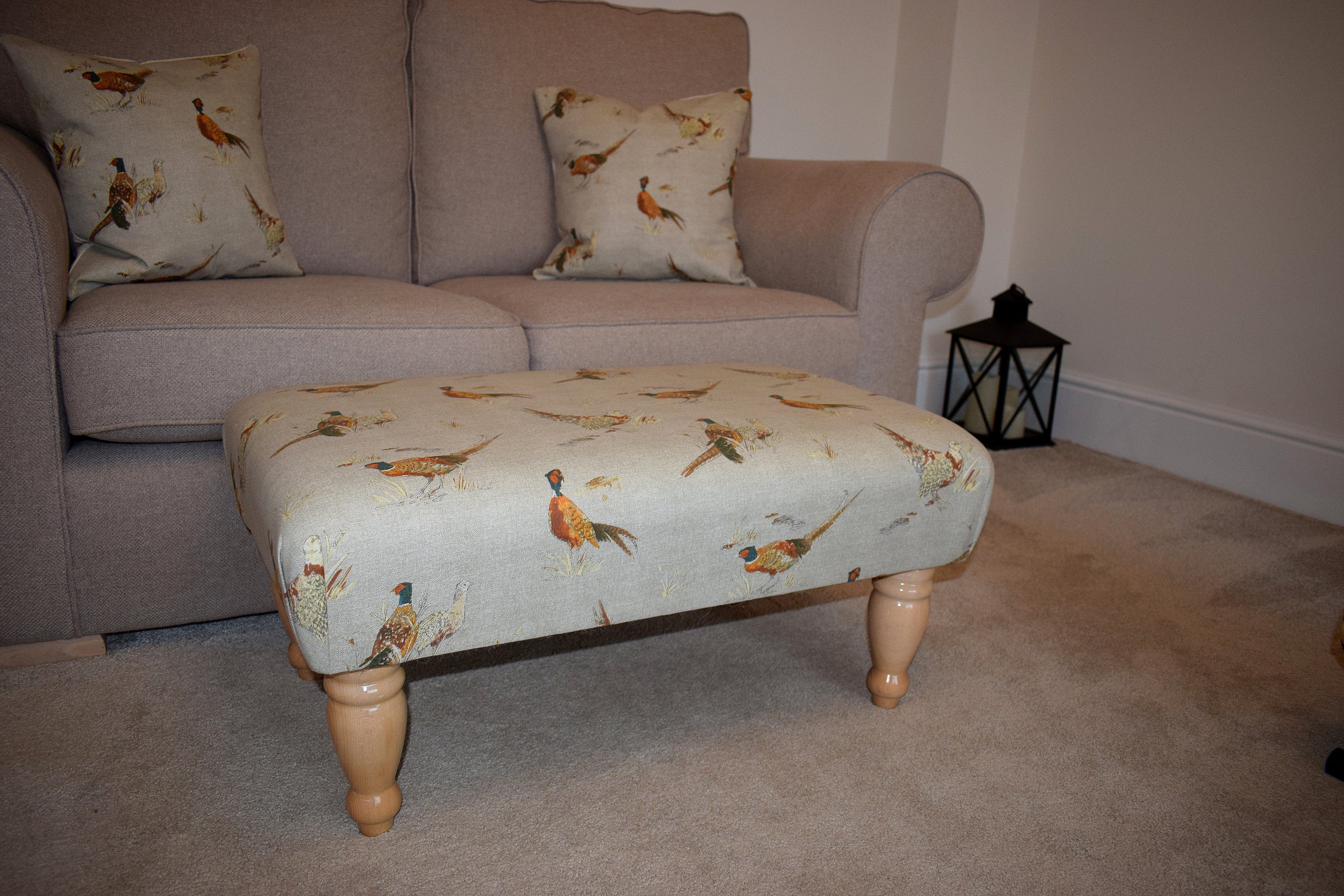 Large Footstool - Pheasant Fabric - Straight or Turned Waxed, Natural or Mahogany Legs