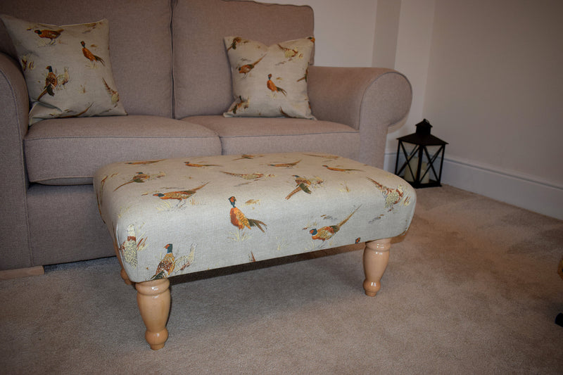 Large Footstool - Pheasant Fabric - Straight or Turned Mahogany, Waxed or Natural Legs