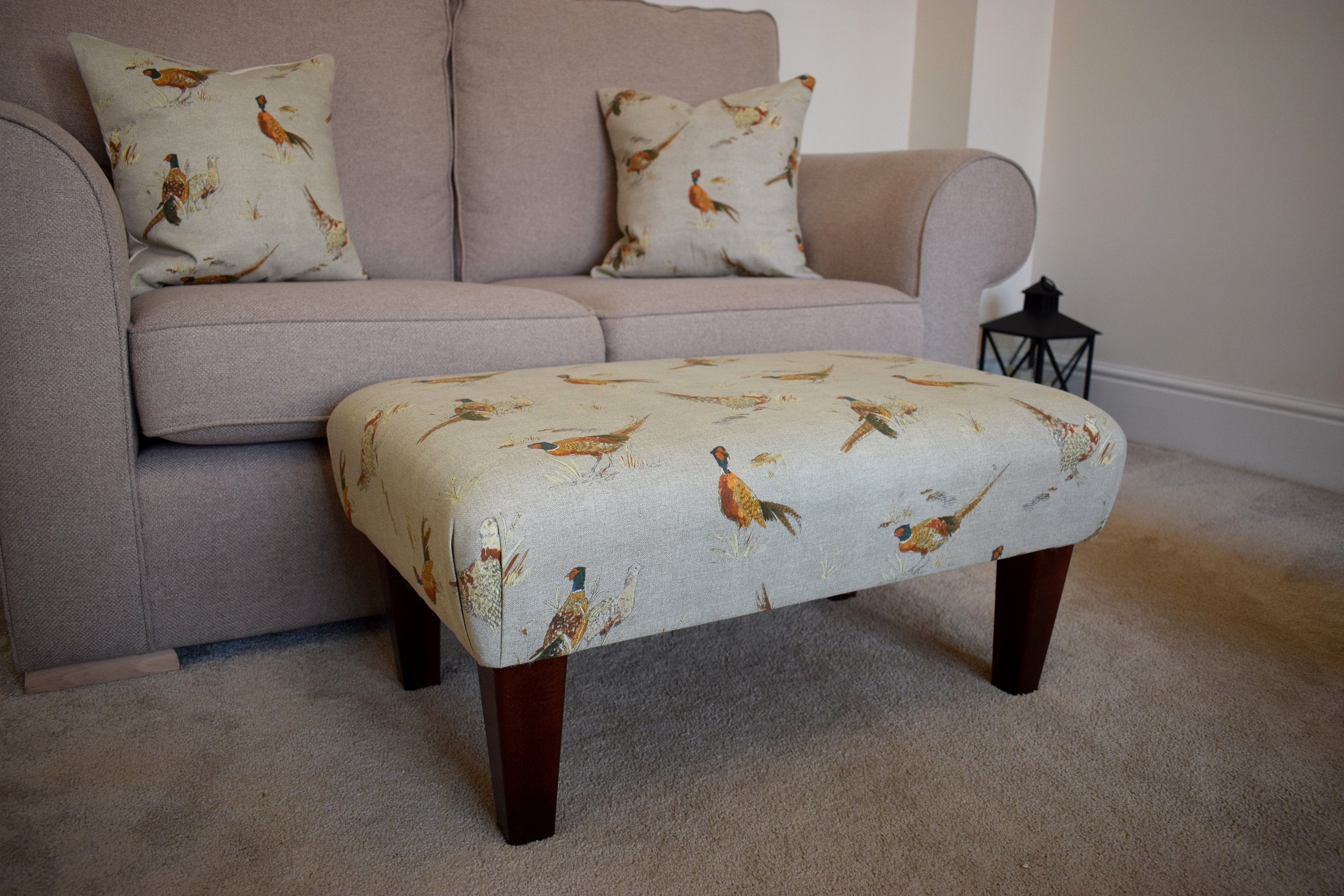 Large Footstool - Pheasant Fabric - Straight or Turned Waxed, Natural or Mahogany Legs