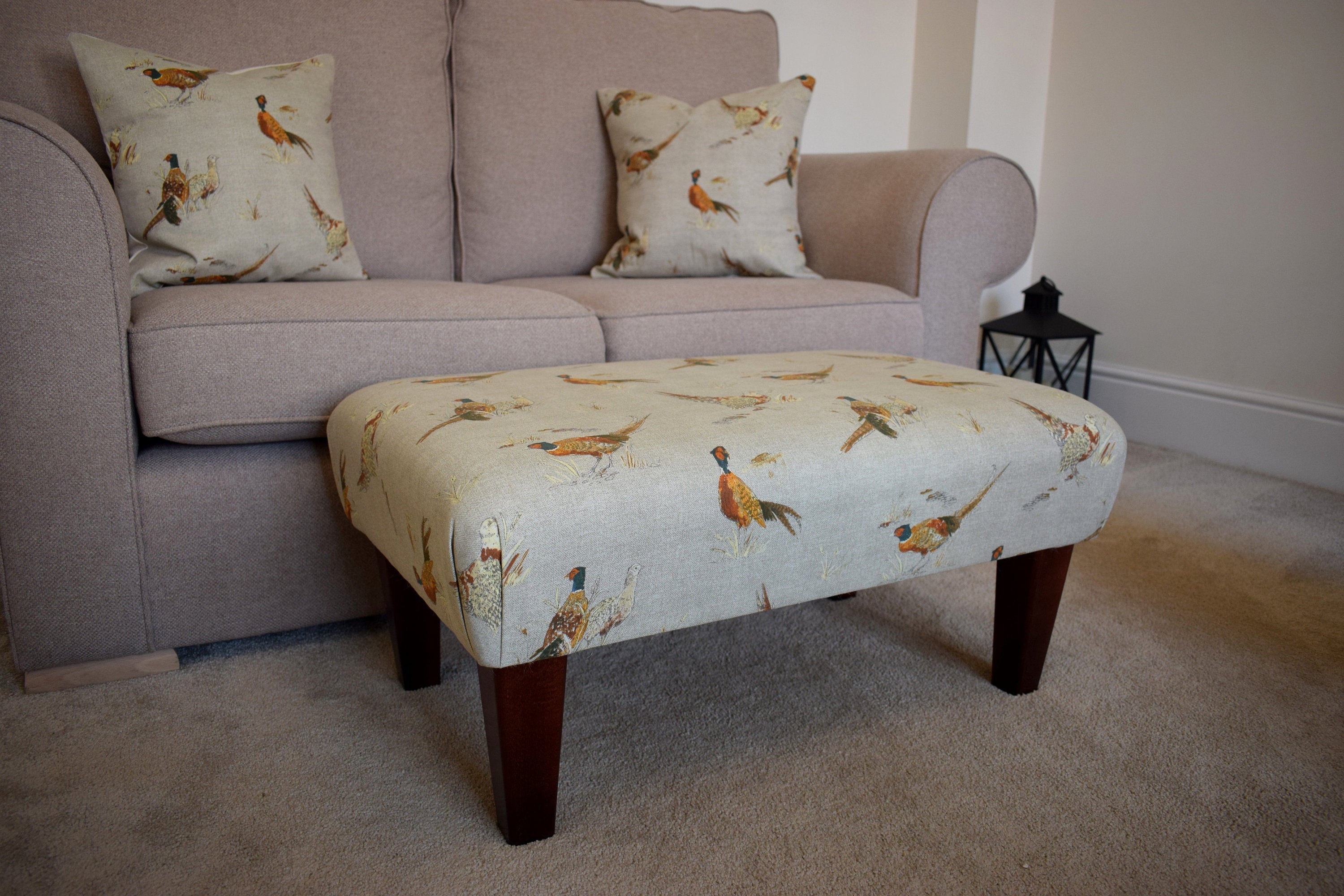 Large Footstool - Pheasant Fabric - Straight or Turned Mahogany, Waxed or Natural Legs