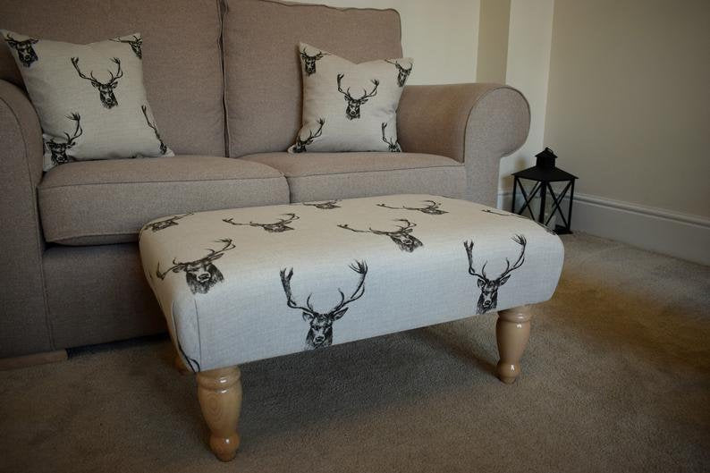 Large Footstool - Stag Head Fabric - Turned or Straight Natural, Waxed or Mahogany Legs