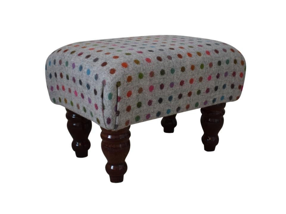 Small Footstool - Multispot Grey (Abraham Moon) Fabric - Turned Mahogany or Waxed Legs