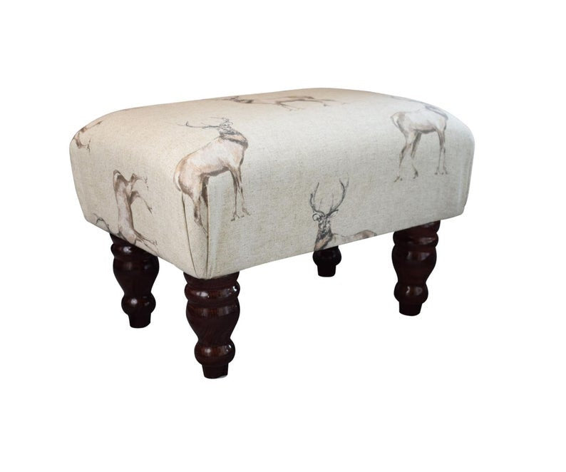 Small Footstool - Stag Print Fabric - Turned Mahogany or Waxed Legs