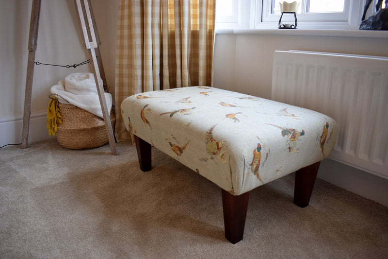 Large Footstool - Pheasant Fabric - Straight or Turned Waxed, Natural or Mahogany Legs