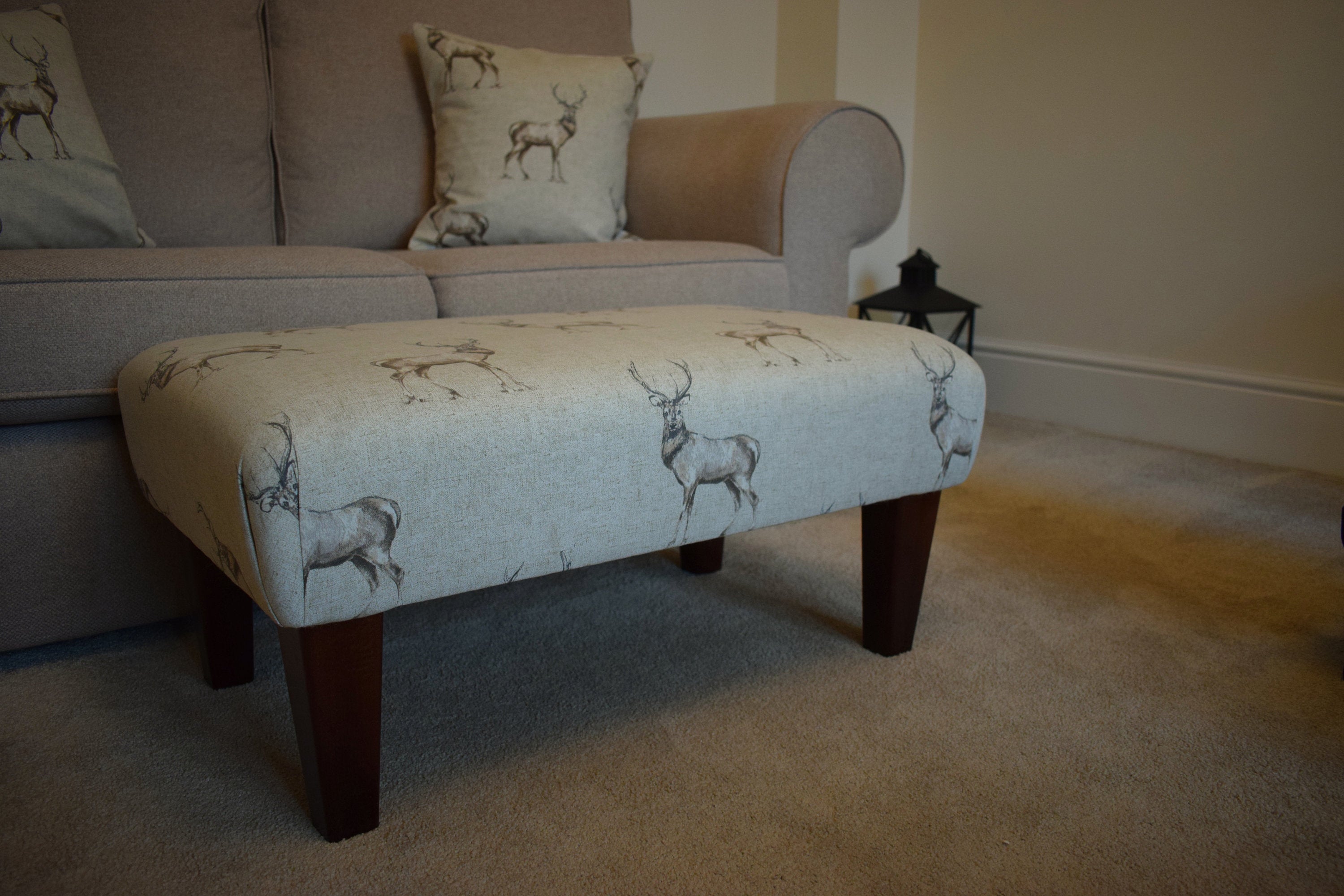 Large Footstool - Stag Print Fabric - Straight or Turned Waxed, Natural or Mahogany Legs